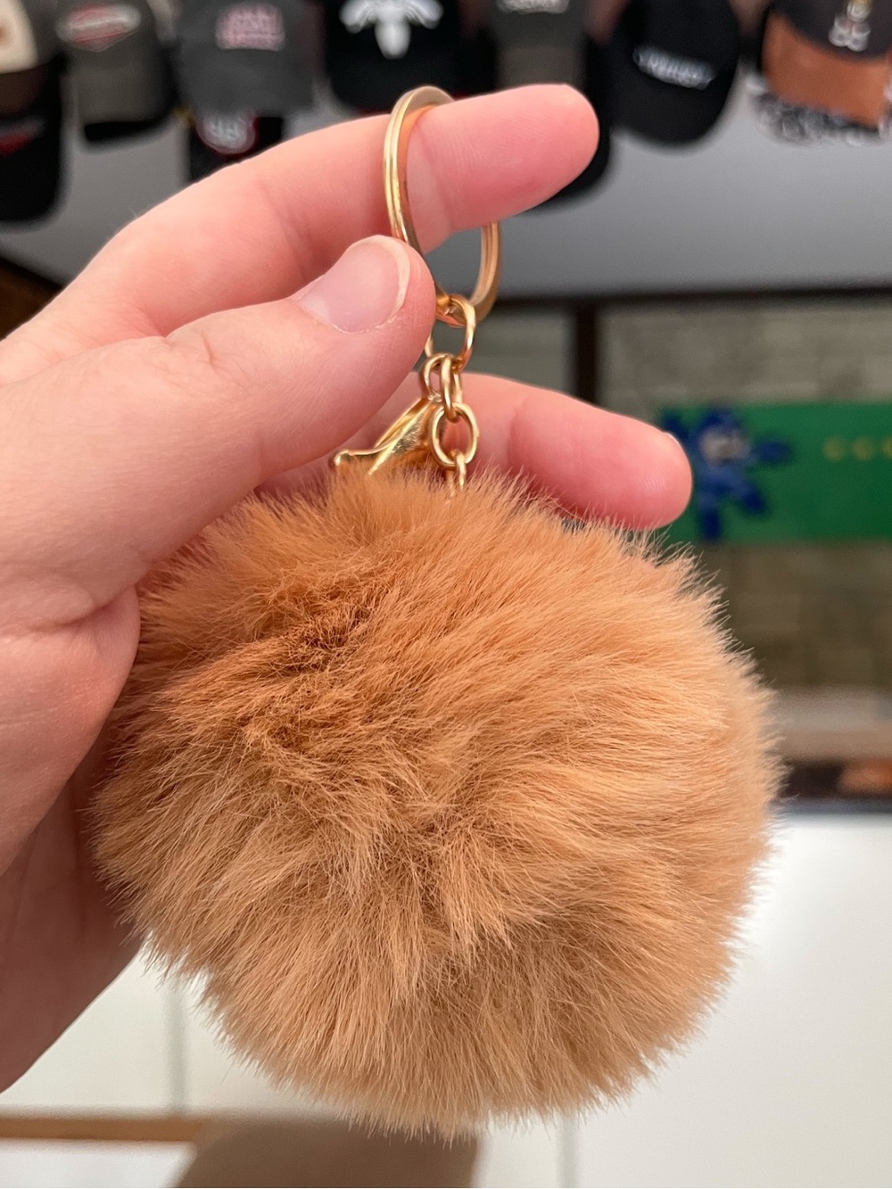 Pom-Pom Keychain Purse Bag Backpack Charm - Split Ring Lobster Claw - Tan - Picture 1 of 5